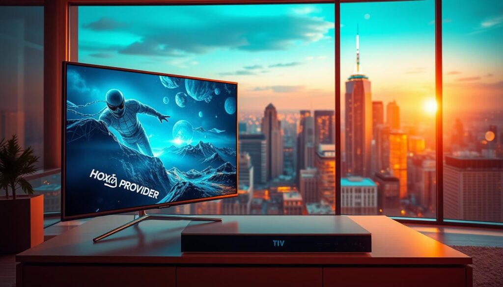 4K Live IPTV Canada - a futuristic digital entertainment hub. In the foreground, a sleek, modern TV screen showcases crystal-clear 4K footage, immersing viewers in lifelike visuals. The middle ground features a minimalist media center with the Hoxtoon Provider logo, symbolizing seamless streaming capabilities. The background is a vibrant cityscape, hinting at the boundless connectivity of the IPTV service. Warm lighting creates a cozy, inviting atmosphere, while subtle lens flares and a cinematic depth of field add a touch of cinematic flair. This image captures the essence of 4K Live IPTV Canada - a cutting-edge, user-friendly platform that brings the future of entertainment to your fingertips.