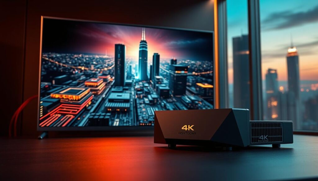 4K streaming technology in a modern and sleek digital setting. A large, high-resolution display dominates the frame, showcasing vivid, lifelike imagery with deep blacks and vibrant colors. Sleek, angular devices in the foreground, emblazoned with the "Hoxtoon Provider" brand, represent the core hardware powering the 4K streaming experience. The middle ground features intricate circuit boards and data visualizations, hinting at the complex technological infrastructure behind the scenes. The background depicts a futuristic cityscape, with towering skyscrapers and a glimpse of the night sky, conveying a sense of advancement and progress. Warm, directional lighting casts dramatic shadows, creating depth and emphasizing the premium, cutting-edge nature of the 4K streaming technology. 4K streaming technology in a modern and sleek digital setting. A large, high-resolution display dominates the frame, showcasing vivid, lifelike imagery with deep blacks and vibrant colors. Sleek, angular devices in the foreground, emblazoned with the "Hoxtoon Provider" brand, represent the core hardware powering the 4K streaming experience. The middle ground features intricate circuit boards and data visualizations, hinting at the complex technological infrastructure behind the scenes. The background depicts a futuristic cityscape, with towering skyscrapers and a glimpse of the night sky, conveying a sense of advancement and progress. Warm, directional lighting casts dramatic shadows, creating depth and emphasizing the premium, cutting-edge nature of the 4K streaming technology.