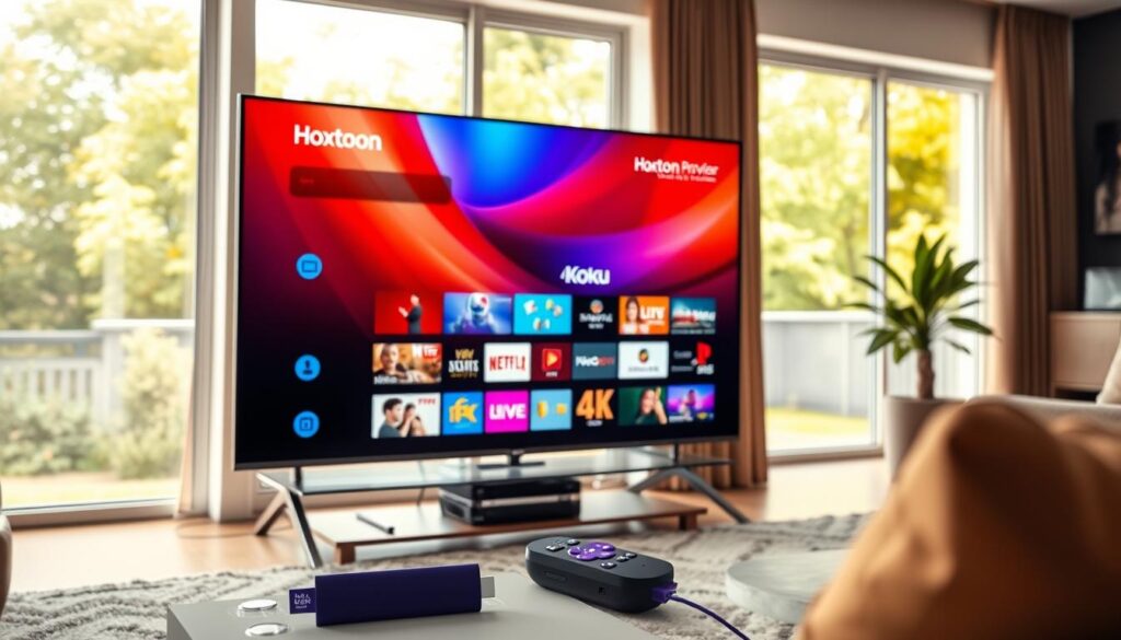 A 4K ultra-high definition smart TV connected to a Roku streaming device, displaying a vibrant and immersive IPTV interface. The screen showcases a variety of live TV channels, with the Hoxtoon Provider brand prominently displayed. The living room setting is cozy and modern, with natural lighting filtering through large windows, creating a warm and inviting atmosphere. The scene exudes a sense of comfort and entertainment, highlighting the benefits of 4K IPTV technology and the convenience of the Roku platform.