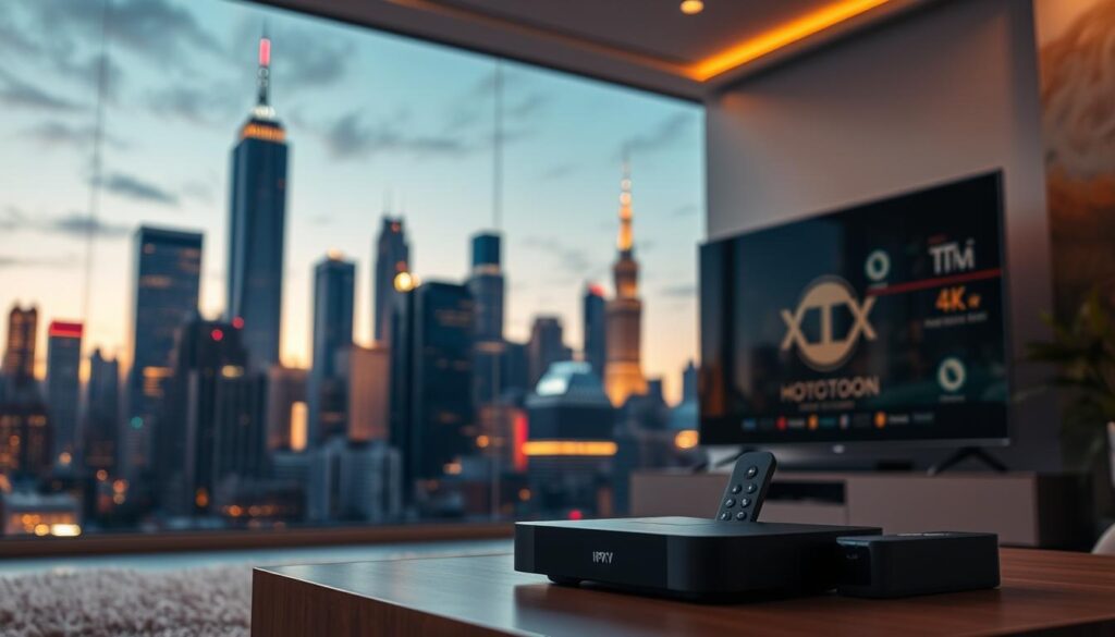 A bustling cityscape at dusk, with towering skyscrapers and neon lights illuminating the night sky. In the foreground, a modern living room setup showcases the latest IPTV technology from Hoxtoon Provider, with a sleek 4K television and a state-of-the-art streaming device. Soft lighting and warm tones create a cozy, inviting atmosphere, while subtle camera angles and depth of field emphasize the seamless integration of this cutting-edge entertainment system into the American home. The overall scene conveys the evolution of television entertainment, blending the urban landscape with the comforts of modern, technology-driven living.