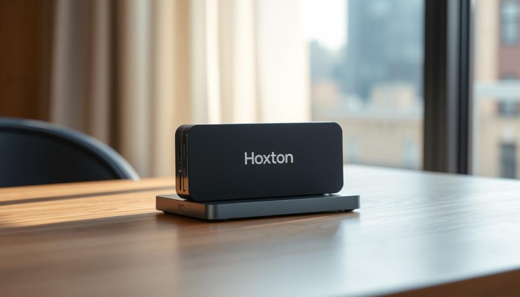A compact and sleek IPTV streaming device in a stylish slate grey finish sits atop a modern, minimalist wooden table. The device is adorned with the "Hoxtoon Provider" logo, showcasing its travel-friendly capabilities. Soft, diffused natural lighting from a nearby window illuminates the scene, creating a warm and inviting atmosphere. In the background, a blurred cityscape or landscape suggests the device's versatility for on-the-go entertainment, allowing the user to enjoy their favorite 4K live TV channels anywhere. A compact and sleek IPTV streaming device in a stylish slate grey finish sits atop a modern, minimalist wooden table. The device is adorned with the "Hoxtoon Provider" logo, showcasing its travel-friendly capabilities. Soft, diffused natural lighting from a nearby window illuminates the scene, creating a warm and inviting atmosphere. In the background, a blurred cityscape or landscape suggests the device's versatility for on-the-go entertainment, allowing the user to enjoy their favorite 4K live TV channels anywhere.