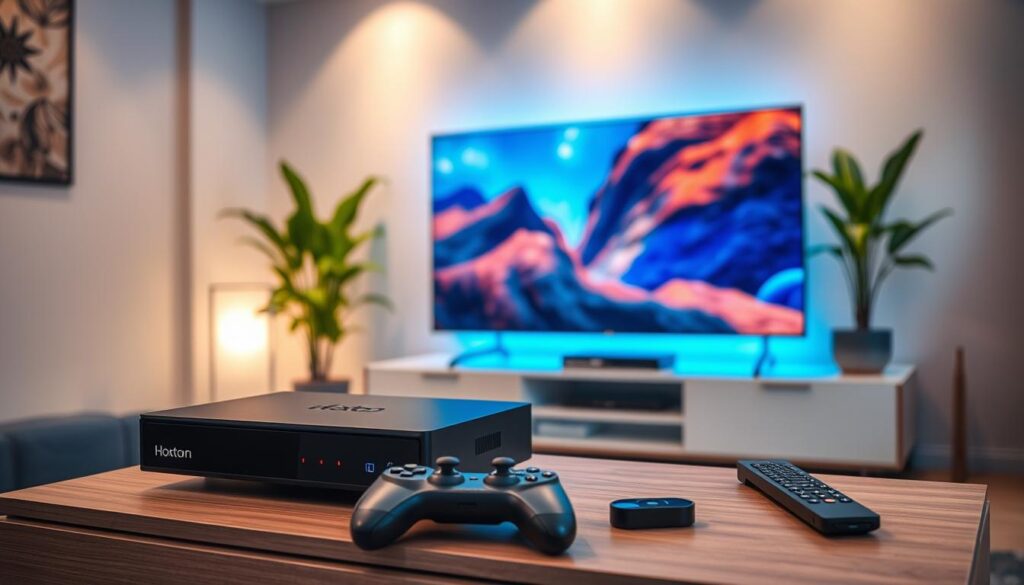 A cozy and well-equipped IPTV 4K streaming setup. In the foreground, a Hoxtoon Provider streaming box sits atop a sleek, modern media cabinet, its LED indicators glowing softly. Nearby, a high-quality 4K HDR television displays vibrant, crystal-clear imagery. The middle ground features a wireless gaming controller and a sophisticated remote control, ready for seamless navigation. The background showcases a minimalist, clutter-free living room environment, with indirect lighting and lush, verdant houseplants adding a touch of tranquility. The overall atmosphere exudes a sense of technological sophistication and comfort, inviting the viewer to imagine an immersive, high-quality 4K IPTV viewing experience. A cozy and well-equipped IPTV 4K streaming setup. In the foreground, a Hoxtoon Provider streaming box sits atop a sleek, modern media cabinet, its LED indicators glowing softly. Nearby, a high-quality 4K HDR television displays vibrant, crystal-clear imagery. The middle ground features a wireless gaming controller and a sophisticated remote control, ready for seamless navigation. The background showcases a minimalist, clutter-free living room environment, with indirect lighting and lush, verdant houseplants adding a touch of tranquility. The overall atmosphere exudes a sense of technological sophistication and comfort, inviting the viewer to imagine an immersive, high-quality 4K IPTV viewing experience.
