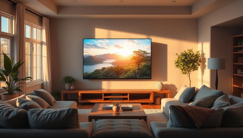 A cozy living room with a large 4K television display prominently positioned, showcasing a vibrant IPTV streaming experience from the Hoxtoon Provider. Plush seating and ambient lighting create a comfortable, immersive atmosphere. The screen displays a captivating 4K nature scene, every detail crystal-clear and lifelike. Sunlight filters through the windows, casting a warm glow over the entire room. The viewer is fully engaged, their senses enveloped in the high-quality IPTV entertainment from Hoxtoon Provider.
