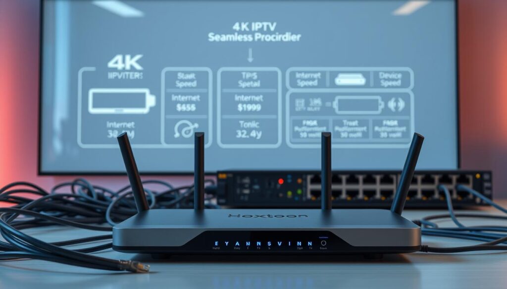 A crisp, high-resolution 4K display showcasing the technical requirements for seamless IPTV streaming. In the foreground, a sleek Hoxtoon Provider router takes center stage, its LED indicators pulsing with data throughput. Surrounding it, a tangle of ethernet cables and a powerful network switch, symbolizing the infrastructure needed to support 4K video. In the background, a detailed schematic outlines the necessary bandwidth, internet speed, and device specifications for a truly immersive 4K IPTV experience. Soft, ambient lighting illuminates the scene, conveying a sense of technological sophistication and reliability.