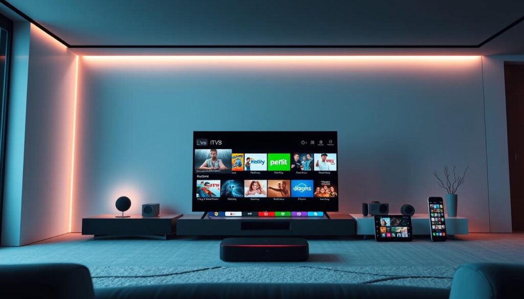 A cutting-edge IPTV system showcasing a sleek, modern interface. In the foreground, a high-definition display showcases dynamic live TV channels, seamlessly streamed from the cloud. The middle ground features a variety of IPTV-enabled devices, such as a smart TV, set-top box, and mobile device, hinting at the versatility of the Hoxtoon Provider platform. The background depicts a minimalist, tech-forward environment, with clean lines and subtle lighting accents, conveying a sense of innovation and efficiency. The overall scene exudes a sophisticated, future-focused atmosphere, highlighting how Hoxtoon's IPTV services are revolutionizing home entertainment.