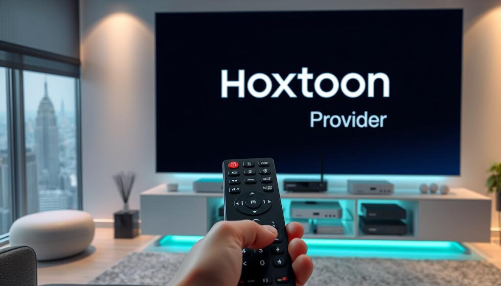 A digital living room with a large 4K smart TV prominently displaying the Hoxtoon Provider logo, surrounded by sleek home entertainment devices. Soft ambient lighting creates a cozy, inviting atmosphere. In the foreground, a hand holding a modern IPTV remote control, hinting at the seamless live TV streaming experience. The middle ground features a minimalist media cabinet housing various streaming boxes and routers, symbolizing the technological advancements powering this digital revolution. The background showcases a panoramic city skyline, representing the global reach and accessibility of this IPTV service. A digital living room with a large 4K smart TV prominently displaying the Hoxtoon Provider logo, surrounded by sleek home entertainment devices. Soft ambient lighting creates a cozy, inviting atmosphere. In the foreground, a hand holding a modern IPTV remote control, hinting at the seamless live TV streaming experience. The middle ground features a minimalist media cabinet housing various streaming boxes and routers, symbolizing the technological advancements powering this digital revolution. The background showcases a panoramic city skyline, representing the global reach and accessibility of this IPTV service.