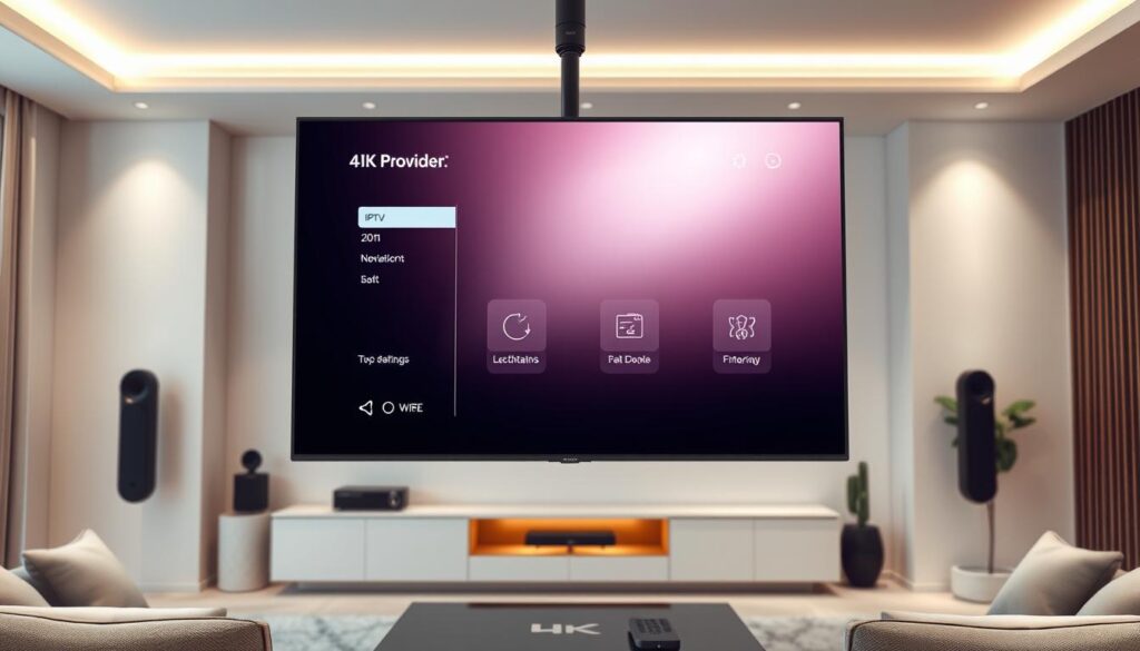 A futuristic 4K IPTV setup with a sleek, minimalist Hoxtoon Provider interface displayed on a high-resolution LED screen. The screen is suspended in a well-lit, modern living room setting with clean lines, neutral tones, and subtle ambient lighting. The IPTV system is showcased in the foreground, with the living room environment providing a balanced, sophisticated background. The image conveys the advanced technology and premium quality of the Hoxtoon Provider 4K IPTV service, highlighting its seamless integration into a stylish, contemporary home environment.