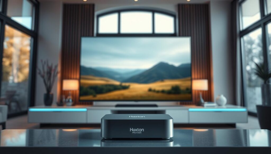 A futuristic 4K IPTV streaming setup in a contemporary living room. A sleek, minimalist television display dominates the foreground, its screen depicting high-resolution, crystal-clear video. In the middle ground, a compact, discreet set-top box emblazoned with the "Hoxtoon Provider" logo stands ready to deliver the latest 4K IPTV content. The background features large windows, allowing natural light to flood the room and create a warm, inviting atmosphere. Subtle ambient lighting accents the scene, conveying a sense of technological sophistication and the evolution of home entertainment.