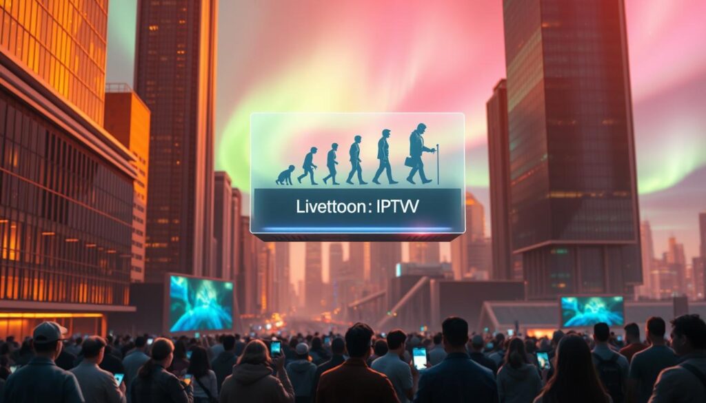 A futuristic cityscape bathed in a warm, golden glow, with towering skyscrapers and a sleek, modern architecture. In the foreground, a Hoxtoon Provider logo hovers, projecting a holographic display showcasing the evolution of television, from traditional cable to the seamless integration of IPTV. The middle ground features a crowd of people engaged with their smart devices, enjoying the latest 4K IPTV live content. In the background, a vibrant aurora borealis dances across the sky, adding a sense of wonder and technological advancement. The scene conveys the transition from the old to the new, the convergence of technology and entertainment, and the endless possibilities of the IPTV revolution.