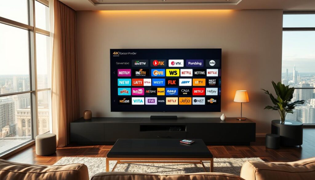 A high-angle shot of a sleek, modern living room with a 4K UHD TV as the centerpiece. The TV screen displays a variety of colorful, vibrant 4K IPTV channel logos from the Hoxtoon Provider, offering a wide range of entertainment options. The room is illuminated by warm, natural lighting, creating a cozy and inviting atmosphere. In the foreground, a minimalist coffee table and plush, comfortable seating invite the viewer to sit back and enjoy the immersive 4K viewing experience. The background features a large window overlooking a scenic cityscape, seamlessly blending the indoor and outdoor environments.