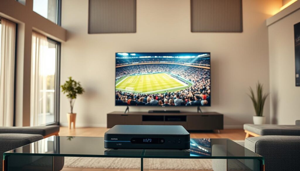A high-definition live IPTV broadcast of a grand sporting event. In the foreground, a sleek, modern IPTV set-top box by Hoxtoon Provider sits atop a glass entertainment center, surrounded by a minimal, well-lit setup. The middle ground features a large, 4K ultra-high-definition television displaying a crisp, vibrant live feed of the sporting event, with dynamic camera angles and high-quality visual effects. In the background, a modern, minimalist living room with floor-to-ceiling windows allows natural light to flood the space, creating a warm, inviting atmosphere. The entire scene conveys the seamless, immersive experience of 4K IPTV live event streaming.