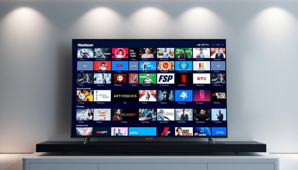 A high-quality 4K IPTV service from the Hoxtoon Provider, showcasing a vibrant and immersive display of live television channels. A sleek, modern interface with a wide selection of content, ranging from sports and news to movies and entertainment. The image depicts a sophisticated setup, with a television screen displaying a crisp, detailed 4K image, surrounded by a minimalist, yet elegant design. Soft, directional lighting accentuates the premium quality of the service, creating a sense of technological sophistication and luxury. The overall atmosphere conveys the reliability, accessibility, and exceptional visual experience that Hoxtoon's 4K Live IPTV Subscription offers.