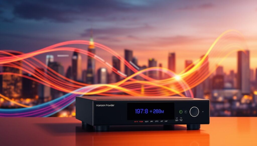A high-quality 4K IPTV streaming technology illustration showcasing the Hoxtoon Provider brand. In the foreground, a sleek, modern IPTV set-top box with intuitive controls and a glowing display. The middle ground features a dynamic visualization of the streaming data flow, with colorful lines and waves representing the high-bandwidth 4K video transmission. In the background, a cityscape skyline with towering skyscrapers, hinting at the global reach and infrastructure of the Hoxtoon Provider network. The scene is bathed in a warm, ambient lighting, conveying a sense of sophistication and technological prowess. The overall composition strikes a balance between form, function, and the underlying 4K IPTV technology powering the Hoxtoon Provider experience.