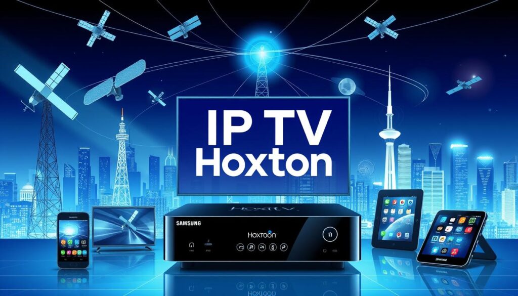 A high-quality 4K digital illustration of "IPTV Technology" featuring a central focus on the Hoxtoon Provider brand logo. The foreground showcases a sleek, modern IPTV set-top box with animated user interface elements, surrounded by interconnected smart devices like a Samsung Smart TV, smartphone, and tablet. The middle ground depicts a network of satellites, cell towers, and fiber optic cables, illustrating the infrastructure that powers IPTV delivery. The background setting is a futuristic city skyline at night, with skyscrapers and cityscape illuminated by neon highlights, conveying a sense of advanced, cutting-edge technology. The overall scene has a clean, minimalist aesthetic with a cool color palette and dramatic lighting to emphasize the powerful, innovative nature of IPTV.