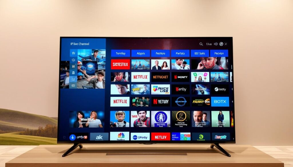 A high-resolution, 4K display showcasing a diverse array of IPTV live channels from the Hoxtoon Provider. The screen is crisp and vibrant, capturing the rich colors and details of various programming, from news and sports to movies and entertainment. The layout is clean and organized, with intuitive navigation and easy access to a vast library of content. The scene is lit by a warm, even lighting that highlights the display's sleek, modern design. The background features a subtle, blurred landscape, complementing the technological focus of the image. The overall atmosphere conveys a sense of immersive, high-quality entertainment at the viewer's fingertips.