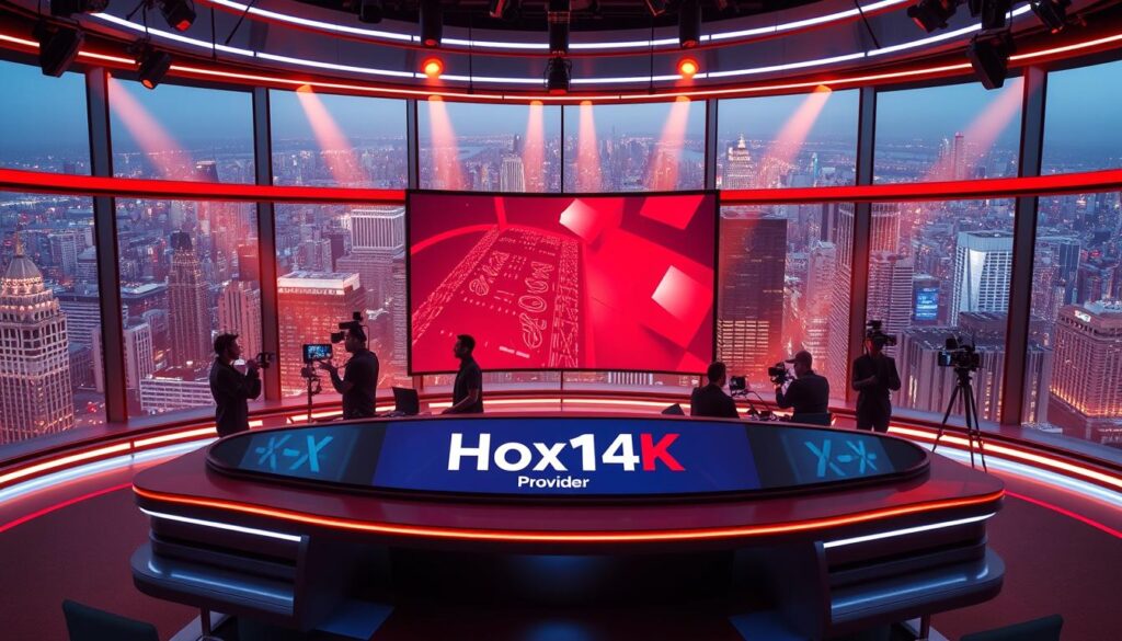 A high-resolution image of a dynamic, futuristic IPTV4K live news broadcast studio. The foreground features a sleek, curved news desk with cutting-edge display panels, behind which a Hoxtoon Provider logo is prominently displayed. The middle ground showcases several camera operators and production staff working in sync, their faces lit by the glow of monitors. The background depicts a sprawling cityscape visible through floor-to-ceiling windows, bathed in warm, dramatic lighting that creates a sense of energy and timeliness. The overall atmosphere conveys the power and immediacy of IPTV4K live news in the modern information age.