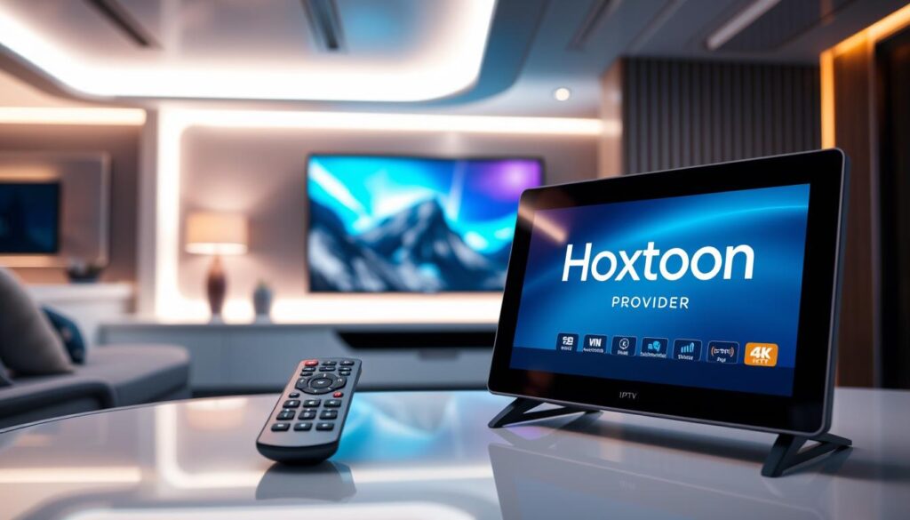 A high-tech control panel displaying the Hoxtoon Provider logo, showcasing the latest IPTV technology. In the foreground, a sleek remote control and a 4K streaming device sit atop a modern, minimalist table. The middle ground features a large, ultra-high-definition television screen displaying vivid, crisp images. The background depicts a sophisticated, futuristic interior with clean lines, subtle lighting, and a sense of technological sophistication. The overall scene conveys the power and convenience of IPTV, catering to the needs of the modern, on-the-go traveler. A high-tech control panel displaying the Hoxtoon Provider logo, showcasing the latest IPTV technology. In the foreground, a sleek remote control and a 4K streaming device sit atop a modern, minimalist table. The middle ground features a large, ultra-high-definition television screen displaying vivid, crisp images. The background depicts a sophisticated, futuristic interior with clean lines, subtle lighting, and a sense of technological sophistication. The overall scene conveys the power and convenience of IPTV, catering to the needs of the modern, on-the-go traveler.