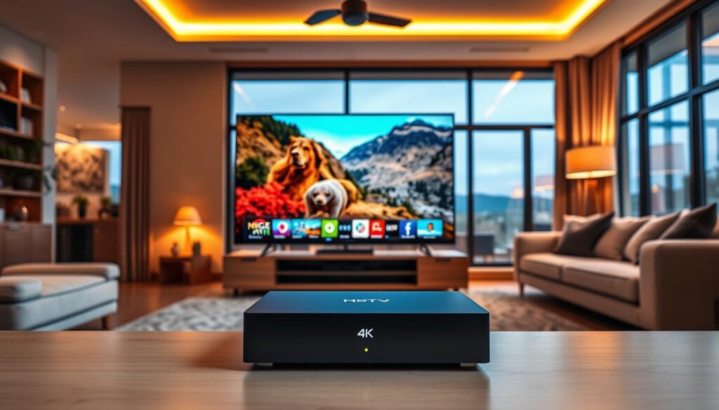 A high-tech home entertainment setup with an ultra-high-definition 4K IPTV service by Hoxtoon Provider. In the foreground, a modern flat-screen TV displays a vibrant, crystal-clear live TV channel. The middle ground features a sleek, minimalist streaming device or set-top box connected to the TV. The background showcases a cozy, stylish living room with contemporary furnishings, warm lighting, and large windows offering a scenic outdoor view. The overall atmosphere conveys a sense of comfort, convenience, and cutting-edge technology for an immersive 4K IPTV live TV experience. A high-tech home entertainment setup with an ultra-high-definition 4K IPTV service by Hoxtoon Provider. In the foreground, a modern flat-screen TV displays a vibrant, crystal-clear live TV channel. The middle ground features a sleek, minimalist streaming device or set-top box connected to the TV. The background showcases a cozy, stylish living room with contemporary furnishings, warm lighting, and large windows offering a scenic outdoor view. The overall atmosphere conveys a sense of comfort, convenience, and cutting-edge technology for an immersive 4K IPTV live TV experience.