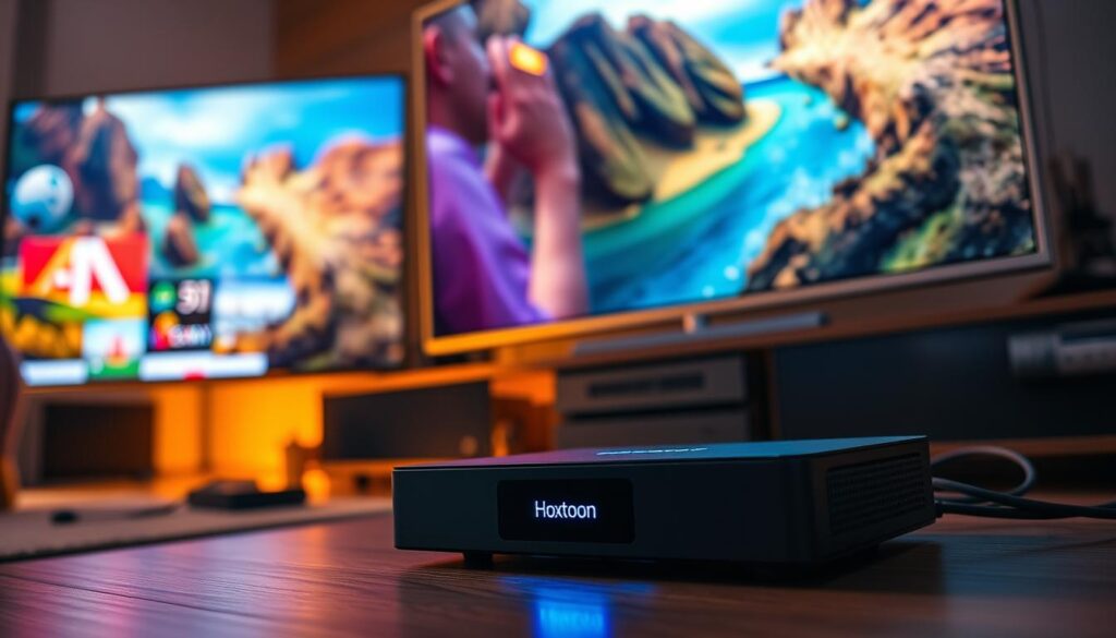 A modern 4K IPTV streaming setup, showcasing the Hoxtoon Provider service. A sleek, high-tech entertainment system dominates the frame, with a large, ultra-high-definition television displaying vibrant, crystal-clear images. Cables and peripherals are neatly arranged, conveying a sense of order and technological sophistication. In the foreground, a state-of-the-art streaming box sits prominently, its illuminated Hoxtoon Provider logo signaling the cutting-edge technology powering the experience. The lighting is warm and inviting, creating a cozy, immersive atmosphere perfect for enjoying the latest 4K content. The overall scene exudes a sense of modern, seamless entertainment, showcasing the Hoxtoon Provider's ability to deliver the ultimate 4K IPTV streaming experience.