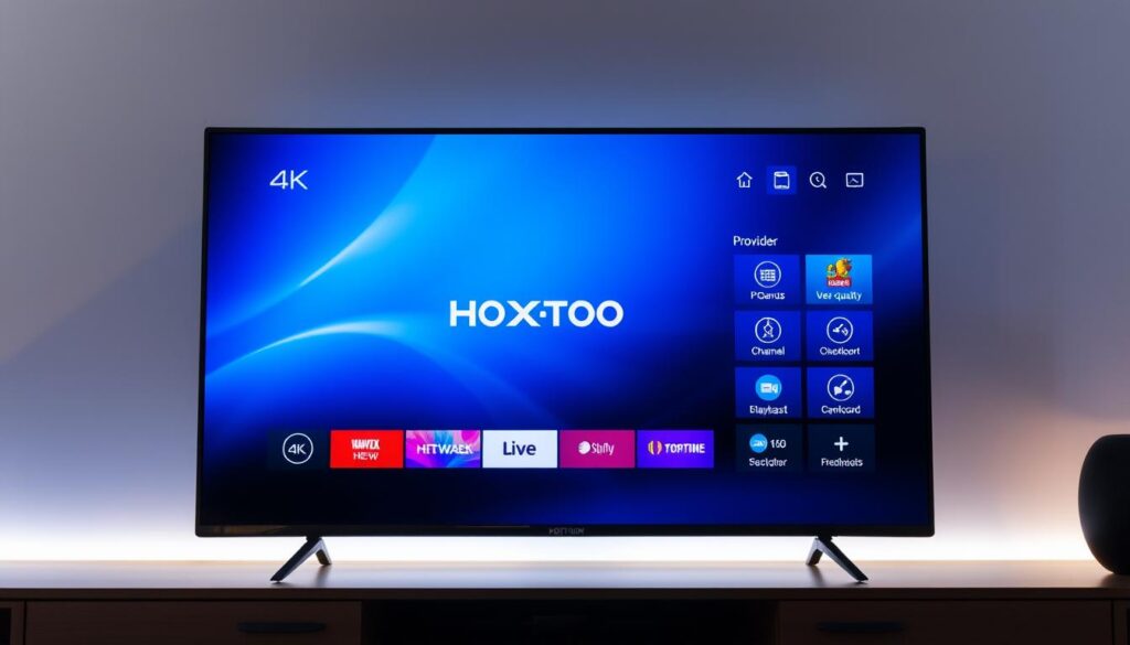 A modern and sleek IPTV provider interface, showcasing the Hoxtoon Provider brand. The foreground features a 4K-resolution television screen displaying a crisp, high-quality live broadcast. The middle ground depicts a minimalist and user-friendly on-screen menu, highlighting the channel selection and playback controls. The background incorporates abstract geometric shapes and gradients, conveying a sense of technological sophistication. The lighting is soft and diffused, creating a warm and inviting atmosphere. The overall composition emphasizes the ease of access and premium quality of the Hoxtoon IPTV service, aligning with the article's subject and section title.