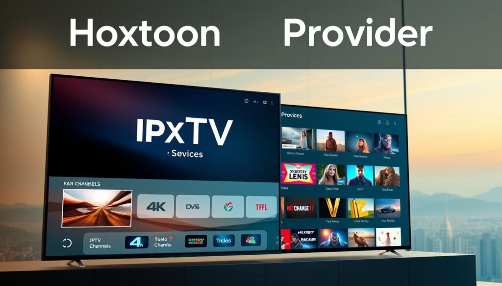 A modern high-tech interface featuring the "Hoxtoon Provider" brand name, showcasing a sleek, intuitive dashboard with various IPTV service options in 4K resolution. The foreground displays a large, vibrant 4K video player with a clean, minimalist design. The middle ground features a grid of neatly arranged channel icons, with fast-loading thumbnails and detailed information. The background subtly hints at a serene cityscape or a tranquil natural landscape, creating a sense of peace and relaxation. The lighting is soft and natural, with a warm color palette that enhances the premium feel of the service. The overall composition conveys a sense of professionalism, reliability, and a seamless user experience for the "Hoxtoon Provider" IPTV service. A modern high-tech interface featuring the "Hoxtoon Provider" brand name, showcasing a sleek, intuitive dashboard with various IPTV service options in 4K resolution. The foreground displays a large, vibrant 4K video player with a clean, minimalist design. The middle ground features a grid of neatly arranged channel icons, with fast-loading thumbnails and detailed information. The background subtly hints at a serene cityscape or a tranquil natural landscape, creating a sense of peace and relaxation. The lighting is soft and natural, with a warm color palette that enhances the premium feel of the service. The overall composition conveys a sense of professionalism, reliability, and a seamless user experience for the "Hoxtoon Provider" IPTV service.
