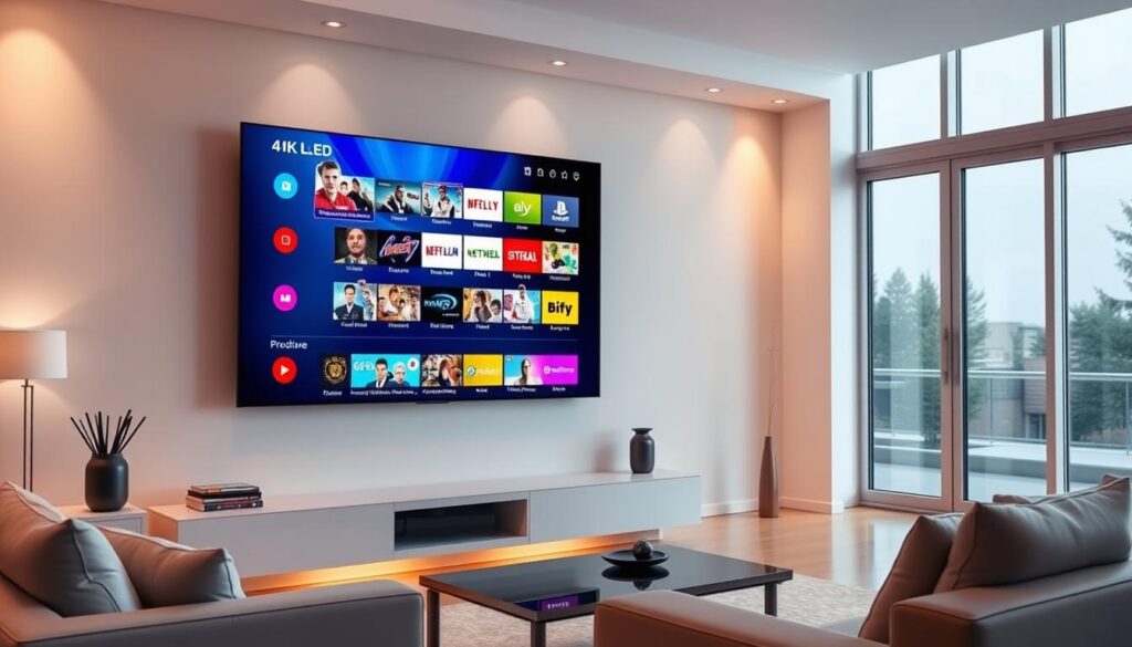 A modern home living room with a large 4K OLED television mounted on the wall, displaying a vibrant, high-quality IPTV stream from the Hoxtoon Provider service. The room is well-lit with a combination of natural light filtering through large windows and warm, ambient lighting fixtures. The television screen shows a diverse array of live channels, offering a glimpse of the robust 4K IPTV content available through Hoxtoon. The room is tastefully decorated with minimalist furniture, creating a sleek and sophisticated environment that complements the high-tech IPTV setup.