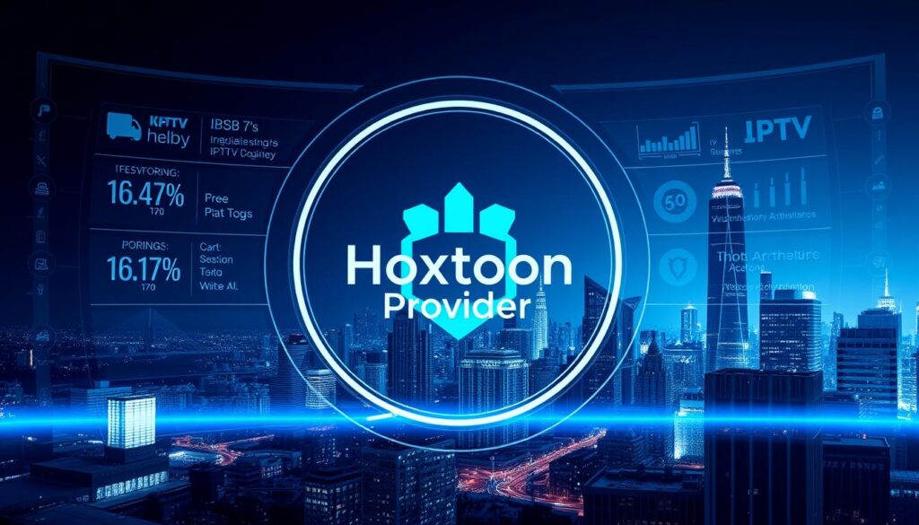 A modern, sleek logo for "Hoxtoon Provider" in the center of the frame, surrounded by a minimalist, high-tech interface displaying various IPTV service statistics and features. In the background, a city skyline with skyscrapers and a vibrant, digital cityscape. The entire scene is bathed in a cool, blue-toned lighting, creating a sense of sophistication and technological innovation. The composition should convey the idea of a premium, state-of-the-art IPTV service tailored for the modern viewer.