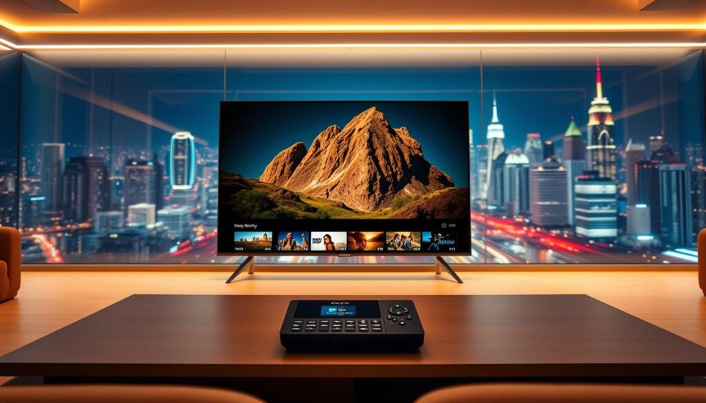 A sleek and modern 4K IPTV streaming platform, the Hoxtoon Provider offers a seamless and immersive viewing experience. In the foreground, a minimalist user interface showcases a clean grid of high-quality 4K live channels, with intuitive navigation controls. The middle ground features a vivid, high-resolution display of a nature documentary, capturing the intricate details and vibrant colors of the scene. In the background, a futuristic, neon-lit cityscape sets the tone, hinting at the advanced technology powering the Hoxtoon IPTV service. The scene is illuminated by a warm, diffused lighting, creating a cozy and inviting atmosphere. The overall composition conveys the Hoxtoon Provider's commitment to delivering a premium 4K IPTV experience without lag or interruption.