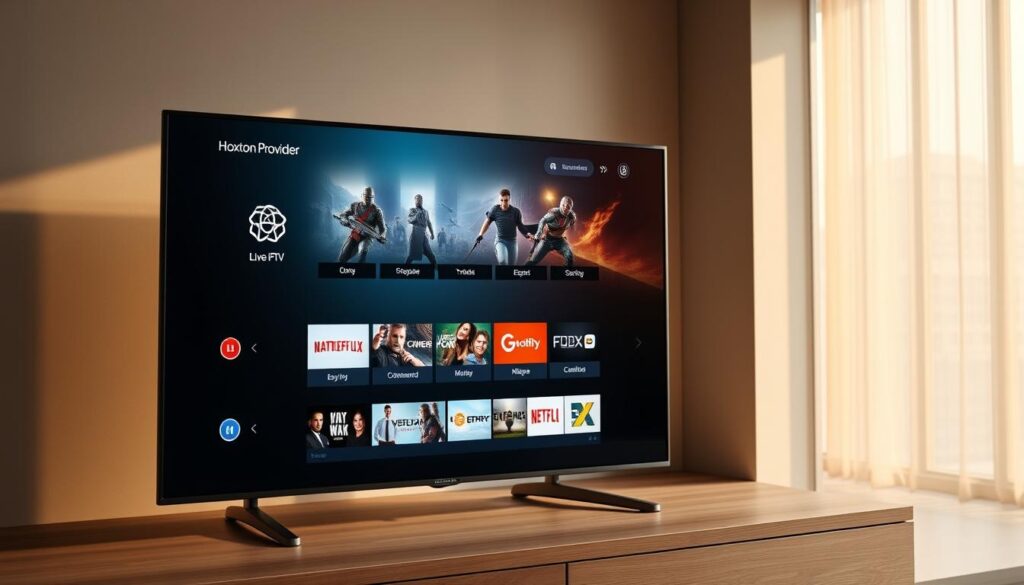 A sleek and modern 4K IPTV streaming service interface, showcasing the Hoxtoon Provider brand. In the foreground, a high-resolution display highlights live TV channels, on-demand content, and a user-friendly navigation menu. The middle ground features a subtly animated background, blending seamless transitions between various entertainment mediums. The overall atmosphere conveys a sense of technological sophistication and immersive viewing experience, complemented by warm, natural lighting and a minimalist design aesthetic. The image should evoke a feeling of the evolution and advancement of television entertainment.