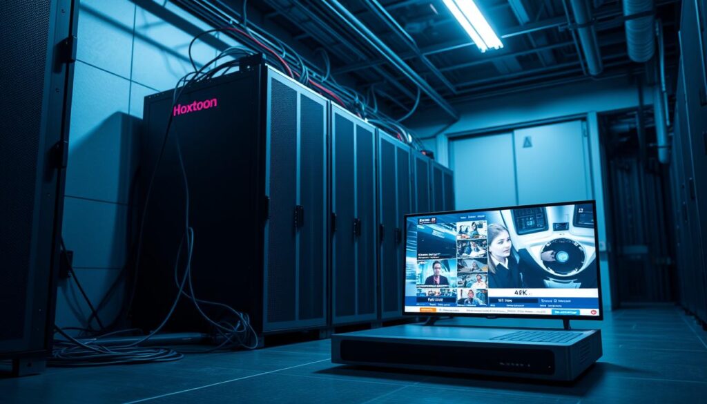 A sleek and modern data server rack in a dimly lit, industrial-style room. The rack is adorned with the "Hoxtoon Provider" branding, showcasing the latest IPTV technology. Cables and wiring snake through the unit, hinting at the complex infrastructure powering the 4K live news streams. The room is bathed in a cool, bluish lighting, creating a sense of technological sophistication. In the foreground, a high-end IPTV set-top box sits prominently, its display showing a crisp, vibrant feed of the latest news headlines. The overall scene conveys the cutting-edge nature of IPTV and its evolution as a reliable source for real-time information.