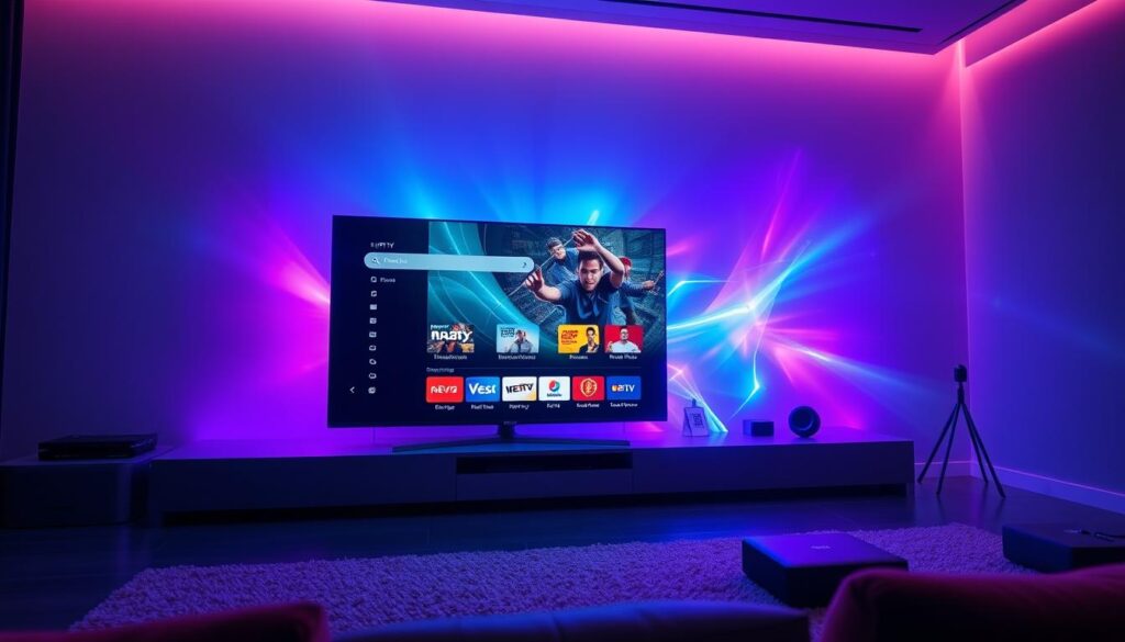 A sleek and modern digital entertainment hub with a 4K IPTV streaming service interface. Hoxtoon Provider's cutting-edge technology showcases a seamless blend of live television, on-demand content, and immersive visuals. Crisp, high-resolution graphics fill the frame, complemented by a minimalist design and intuitive controls. Vibrant colors and dynamic lighting create an immersive atmosphere, reflecting the revolutionary shift in television entertainment in the digital age. The scene conveys a sense of innovation, connectivity, and the future of home entertainment.