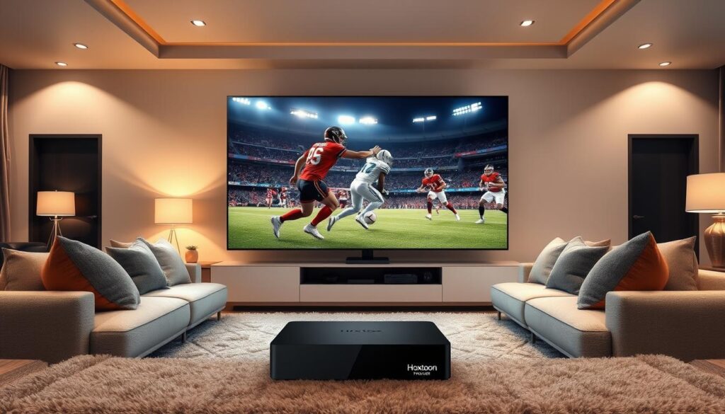 A sleek and modern living room with a large 4K OLED TV taking center stage. The screen displays an intense live sports event, with players in vivid detail and the action unfolding in real-time. Cozy throw pillows and a plush area rug create a comfortable viewing experience. Soft, warm lighting from lamps and recessed ceiling fixtures set a relaxed ambiance. In the foreground, a Hoxtoon Provider streaming box seamlessly connects to the TV, enabling high-quality 4K IPTV live streaming for the ultimate entertainment experience.
