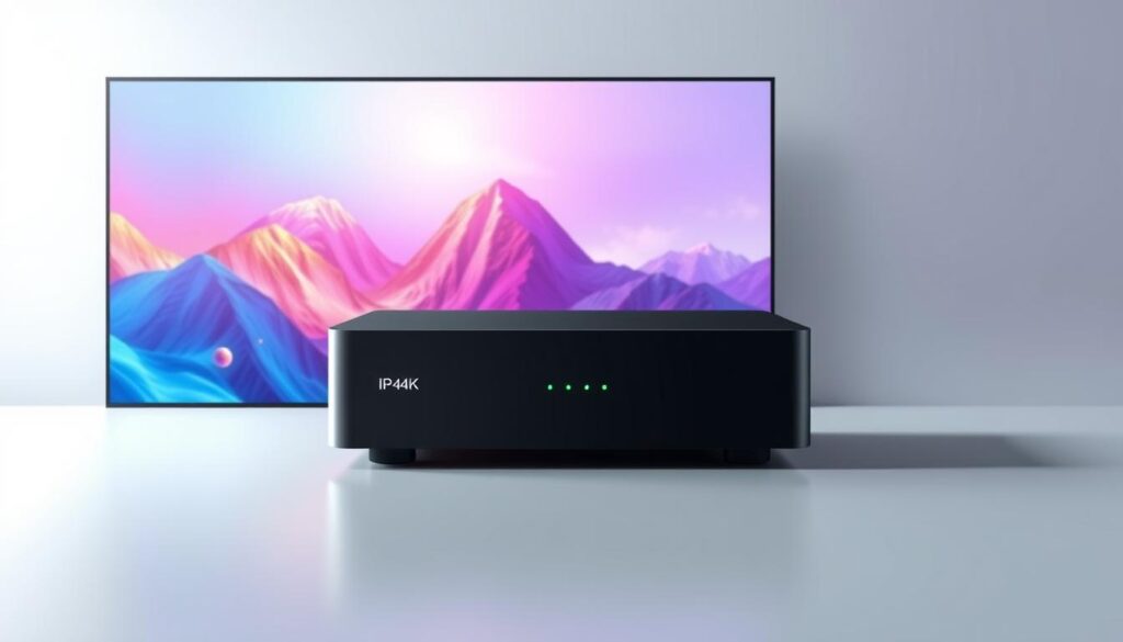 A sleek, minimalist illustration showcasing the advanced features of IPTV4K streaming technology. In the foreground, a high-resolution 4K display dominates the frame, showcasing vibrant, lifelike visuals. In the middle ground, a cutting-edge Hoxtoon Provider set-top box is prominently displayed, its subtle LED indicators and streamlined design reflecting the sophistication of the underlying technology. The background is a clean, gradient-based environment, evoking a sense of digital elegance and innovation. Lighting is soft and diffused, creating a sense of depth and atmosphere. The overall mood is one of technological prowess and user-centric design.
