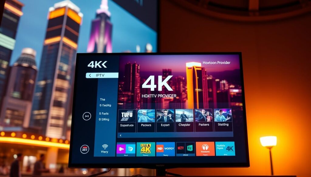 A sleek, modern 4K IPTV interface showcasing the Hoxtoon Provider's comprehensive streaming service. The screen displays a vibrant, high-resolution image with a sharp, detailed picture quality. The interface features intuitive navigation menus, elegant typography, and a clean, minimalist design. In the background, a blurred cityscape with towering skyscrapers and neon lights creates a dynamic, futuristic atmosphere. Warm, directional lighting casts dramatic shadows, emphasizing the depth and clarity of the image. The overall scene conveys a sense of technological sophistication and seamless, high-quality 4K live streaming experience.