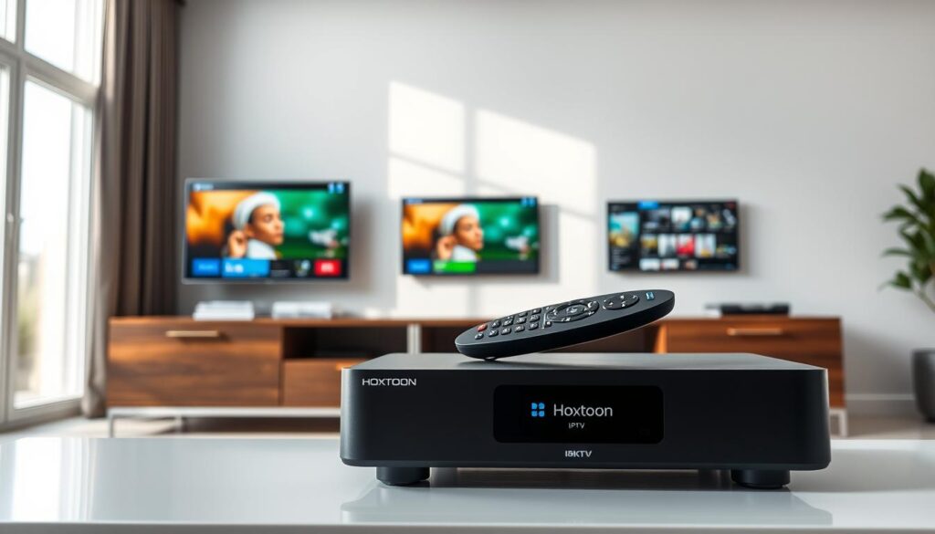 A sleek, modern 4K IPTV setup featuring the Hoxtoon Provider brand. In the foreground, a high-end streaming device with a clean, minimalist design sits atop a stylish, dark wood entertainment center. The device's interface showcases a vibrant, 4K-resolution display of a live IPTV channel. The middle ground features a premium, wireless remote control and a modern, wall-mounted flat-screen television displaying additional 4K IPTV content. The background depicts a minimalist, well-lit living room with large windows, creating a bright, airy atmosphere. The overall scene conveys a sense of high-quality, cutting-edge home entertainment powered by the Hoxtoon Provider 4K IPTV service.