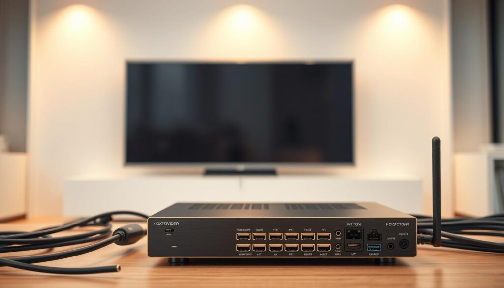 A sleek, modern 4K IPTV streaming hardware setup, featuring the Hoxtoon Provider device. In the foreground, the Hoxtoon Provider stands prominently, its minimalist design and metallic finish gleaming under warm, directional lighting. The middle ground showcases various cables and ports, neatly organized and color-coded, representing the connectivity options for a seamless 4K streaming experience. In the background, a clean, minimalist interior with neutral tones provides a complementary backdrop, emphasizing the technological focus of the scene. The overall mood is one of efficiency, sophistication, and high-quality 4K IPTV performance. A sleek, modern 4K IPTV streaming hardware setup, featuring the Hoxtoon Provider device. In the foreground, the Hoxtoon Provider stands prominently, its minimalist design and metallic finish gleaming under warm, directional lighting. The middle ground showcases various cables and ports, neatly organized and color-coded, representing the connectivity options for a seamless 4K streaming experience. In the background, a clean, minimalist interior with neutral tones provides a complementary backdrop, emphasizing the technological focus of the scene. The overall mood is one of efficiency, sophistication, and high-quality 4K IPTV performance.