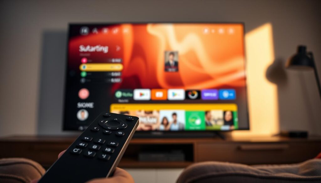 A sleek, modern 4K smart TV display showcases the Hoxtoon Provider IPTV interface, its clean lines and intuitive navigation highlighting a seamless streaming experience. The screen is bathed in warm, natural lighting, casting a subtle glow that enhances the vibrant, high-resolution imagery. In the foreground, a minimalist remote control with dedicated IPTV buttons invites interaction, while the background subtly suggests a comfortable, living room setting, conveying a sense of immersive, at-home entertainment. The overall mood is one of sophistication, technological prowess, and the promise of unlimited, crystal-clear 4K content at the user's fingertips.