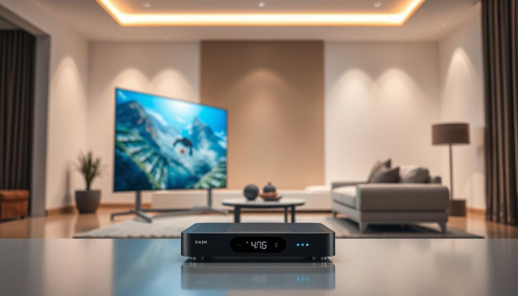 A state-of-the-art 4K IPTV streaming setup with the Hoxtoon Provider service. In the foreground, a sleek, modern TV display showcases crisp, vibrant 4K video. In the middle ground, a high-end streaming device connects seamlessly, its LED indicators pulsing with activity. The background features a minimalist, tech-savvy living room, bathed in soft, diffused lighting that enhances the premium viewing experience. The overall atmosphere conveys a sense of cutting-edge technology, comfort, and the future of home entertainment.