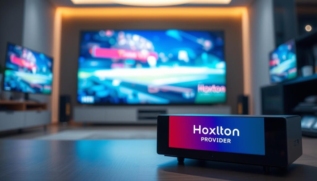 High-quality 4K IPTV streaming service, showcasing vibrant, ultra-high-definition visuals. A wide, cinematic view captures the crisp, detailed image quality, with a soft, diffused light source illuminating the scene. In the foreground, a modern media hub or streaming device prominently displays the Hoxtoon Provider brand, conveying the high-end, reliable nature of the service. The background features a minimalist, yet sophisticated interior design, further emphasizing the premium, state-of-the-art nature of the Hoxtoon Provider 4K IPTV experience. The overall atmosphere is one of sophistication, technological advancement, and visual immersion, reflecting the best-in-class 4K live IPTV service offered by Hoxtoon Provider.