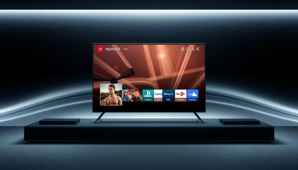 High-resolution, detailed image of a modern IPTV service interface, showcasing a Hoxtoon Provider platform. The interface has a sleek, minimalist design with a large central display showing a 4K live TV channel. The background features a seamless blend of dark and light tones, creating a sense of depth and sophistication. The overall atmosphere conveys a premium, cutting-edge entertainment experience. Carefully composed to highlight the evolution from traditional cable TV to the advanced capabilities of IPTV technology.