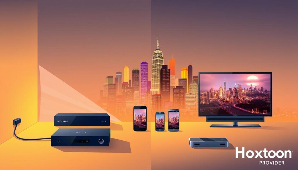 High-resolution digital illustration of a side-by-side comparison of traditional cable TV and modern IPTV services, showcasing the evolution of television technology. In the foreground, display a sleek, minimalist IPTV set-top box and a traditional cable TV box, both casting dynamic images onto a wall. In the middle ground, depict a range of devices, such as smartphones, tablets, and smart TVs, demonstrating the versatility of IPTV access. In the background, include a cityscape with towering skyscrapers, symbolizing the global reach and advancement of IPTV technology. Use a warm, vibrant color palette to convey the modern, cutting-edge nature of IPTV, including the Hoxtoon Provider brand. Maintain a clean, elegant aesthetic that reflects the sophistication of the IPTV industry. High-resolution digital illustration of a side-by-side comparison of traditional cable TV and modern IPTV services, showcasing the evolution of television technology. In the foreground, display a sleek, minimalist IPTV set-top box and a traditional cable TV box, both casting dynamic images onto a wall. In the middle ground, depict a range of devices, such as smartphones, tablets, and smart TVs, demonstrating the versatility of IPTV access. In the background, include a cityscape with towering skyscrapers, symbolizing the global reach and advancement of IPTV technology. Use a warm, vibrant color palette to convey the modern, cutting-edge nature of IPTV, including the Hoxtoon Provider brand. Maintain a clean, elegant aesthetic that reflects the sophistication of the IPTV industry.