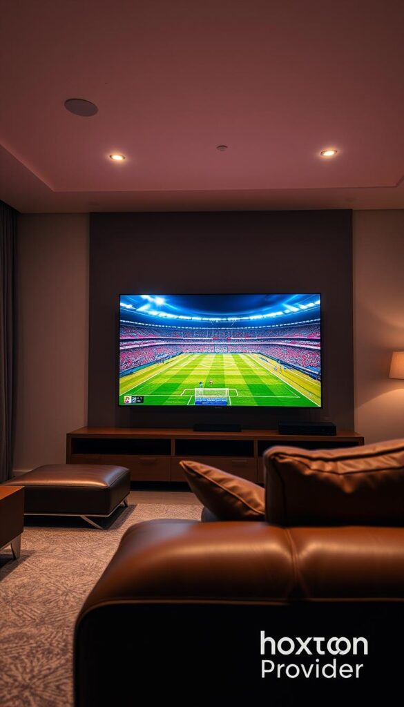 4K IPTV broadcasting a FIFA World Cup match with vibrant colors and crisp detail. A living room scene with a large flatscreen TV displaying the game in stunning 4K resolution. Plush leather couch and minimalist decor create a luxurious, immersive viewing experience. Soft, warm lighting casts a soothing glow, while a wide-angle camera lens captures the expansive, cinematic feel. The Hoxtoon Provider logo is subtly visible, signifying the premium 4K IPTV service powering this captivating display.