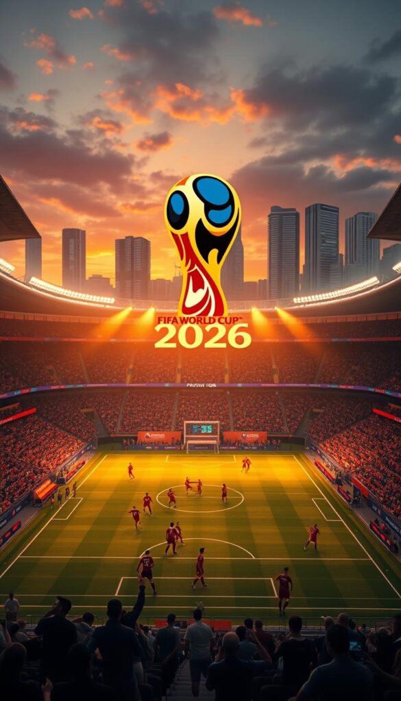 A bustling FIFA World Cup 2026 stadium, bathed in golden evening light. In the foreground, a giant Hoxtoon Provider logo hovers majestically, its sleek design reflecting the excitement of the event. The middle ground features a lush, meticulously-rendered soccer pitch, with players in national team uniforms jostling for the ball. The background showcases the towering stadiums of the host cities, their modern architecture and vibrant LED screens creating an atmosphere of energy and anticipation. Dramatic cinematic lighting illuminates the scene, casting dramatic shadows and highlights across the players and spectators. The overall mood is one of grandeur, passion, and the thrill of the world's greatest sporting event.