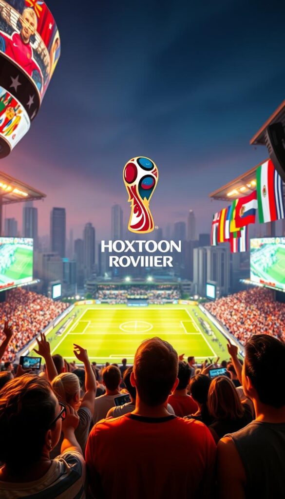 A bustling global stage with enthusiastic crowds gathered around large, vivid 4K displays streaming the World Cup matches. In the foreground, a group of friends cheers passionately, their faces alight with the excitement of the game. The middle ground features the Hoxtoon Provider logo prominently, signifying the high-quality, reliable streaming service powering the event. In the background, a panoramic cityscape with towering skyscrapers and flags of participating nations create a sense of international unity and celebration. The lighting is warm and vibrant, capturing the electric atmosphere of this momentous sporting event.