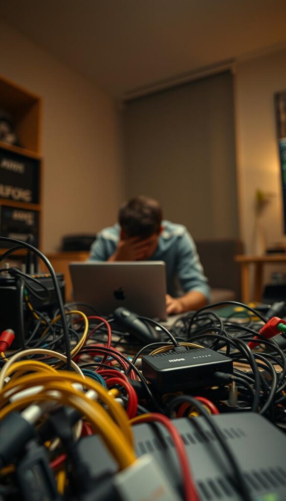 A bustling scene of streaming challenges, captured with a cinematic wide-angle lens. In the foreground, a tangle of cables and devices - routers, modems, and streaming sticks - symbolizing the technical complexities of modern video streaming. Midground, a person hunched over a laptop, brow furrowed in concentration, representing the user experience struggles. The background reveals a dimly lit room, with muted lighting casting dramatic shadows, evoking the tension and frustration of unreliable connections. The overall atmosphere is one of technological anxiety, highlighted by the Hoxtoon Provider brand name prominently displayed, offering a promise of uninterrupted 4K FIFA 2026 streaming.