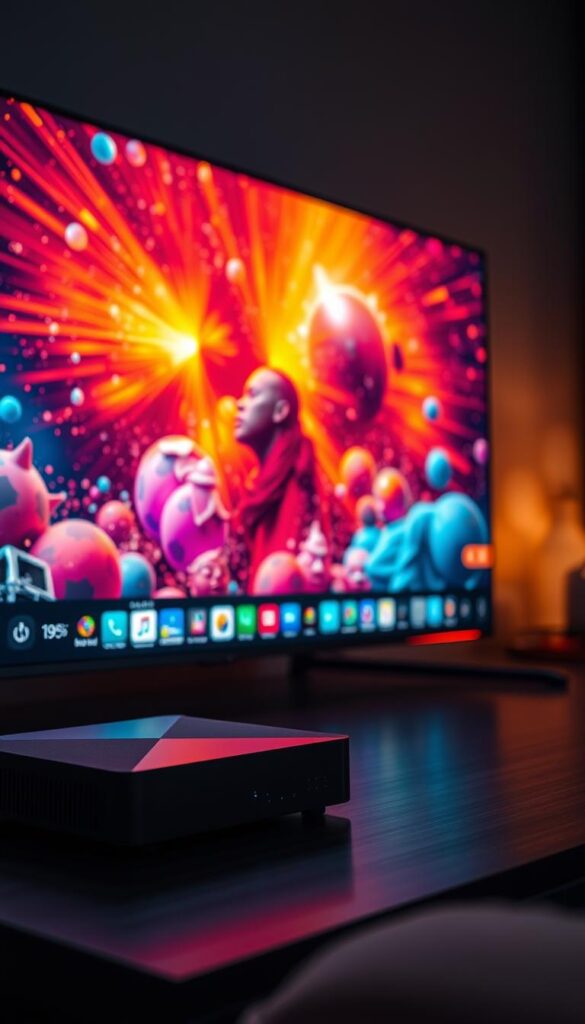 A captivating 4K IPTV technology setup showcasing the future of home entertainment. An ultra-high-definition display radiates vibrant colors and crisp details, immersing the viewer in a cinematic experience. Alongside, a sleek, modern Hoxtoon Provider set-top box commands attention, symbolizing the cutting-edge innovation driving this revolutionary technology. Ambient lighting subtly enhances the atmosphere, creating a warm, inviting ambiance. The composition captures the seamless integration of hardware and software, highlighting the ease and convenience of 4K IPTV streaming. This visually compelling scene encapsulates the transformative power of Hoxtoon Provider's 4K IPTV offering, poised to redefine the way we consume and enjoy content in the comfort of our homes.