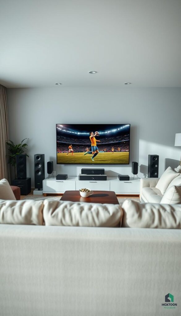 A cozy living room setting illuminated by soft, natural lighting. In the center, a sleek and modern 4K IPTV display showcases a captivating FIFA World Cup match in vivid detail. The screen is surrounded by premium sound equipment, immersing the viewer in a theater-like experience. A Hoxtoon Provider logo is discreetly displayed in the corner, indicating the high-quality IPTV service powering this immersive viewing session. The room's decor is minimalist yet stylish, with clean lines and muted tones creating a serene, focused atmosphere for the viewer to fully appreciate the 4K IPTV technology.