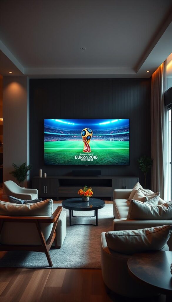 A cozy living room with a large 4K IPTV screen displaying the FIFA World Cup in vivid detail. The room is dimly lit, creating a warm, immersive atmosphere perfect for the ultimate viewing experience. Elegant mid-century modern furniture surrounds the screen, and a plush, comfortable sofa invites viewers to sink in and enjoy the game. The Hoxtoon Provider logo is subtly visible on the IPTV interface, emphasizing the high-quality service. Soft natural light filters in through large windows, complementing the rich, cinematic colors of the broadcast. The overall scene evokes a sense of comfort, luxury, and the thrill of witnessing the world's greatest football tournament.