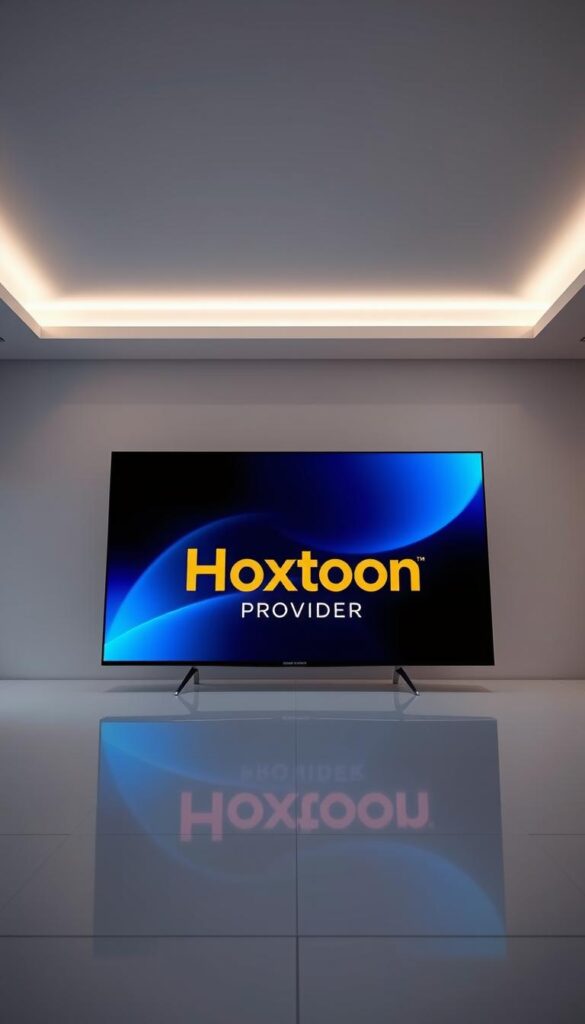 A crystal-clear 4K television display showcasing the Hoxtoon Provider logo against a sleek, modern backdrop. The screen is positioned in a well-lit, minimalist room with clean lines and neutral tones, creating an atmosphere of sophistication and technological prowess. The image is captured from a low, slightly angled perspective, emphasizing the screen's size and visual impact. The Hoxtoon Provider branding is prominently featured, its bold typography and vibrant colors commanding attention. The overall scene conveys a sense of quality, reliability, and the best-in-class IPTV experience that Hoxtoon offers.