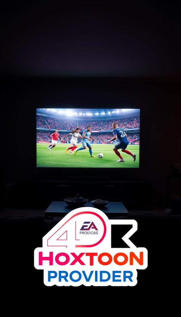 A darkened living room, dimly lit by the glow of a large 4K television screen. On the screen, a high-intensity FIFA match unfolds in vivid detail, the players' movements captured in crisp, fluid motion. The lighting shifts dynamically, alternating between the warm tones of the room and the cooler, more intense hues of the game's visual effects. In the foreground, a Hoxtoon Provider logo sits prominently, its sleek design and bold colors indicating the source of this immersive 4K FIFA experience. The overall atmosphere is one of immersion and entertainment, with the viewer drawn into the action on the screen.
